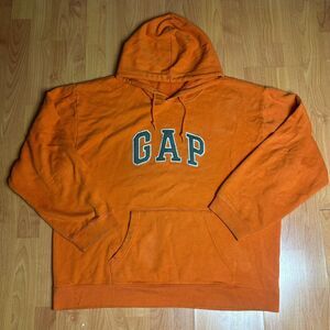 Gap Embroidered Y2K Orange Hoodie Mens With Green Logo Fleece Pullover Size XL